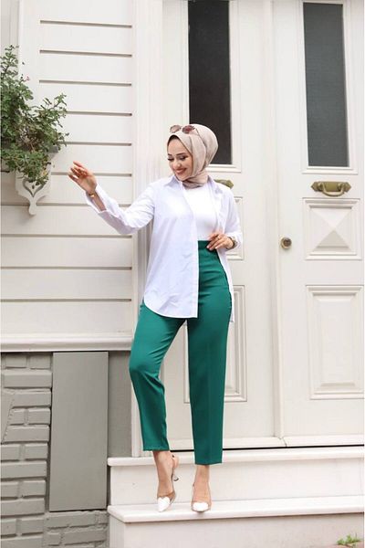 Tesettür Diyarı Pantaloni Hijab cu talie înaltă - Model Zra pentru femei, Smarald