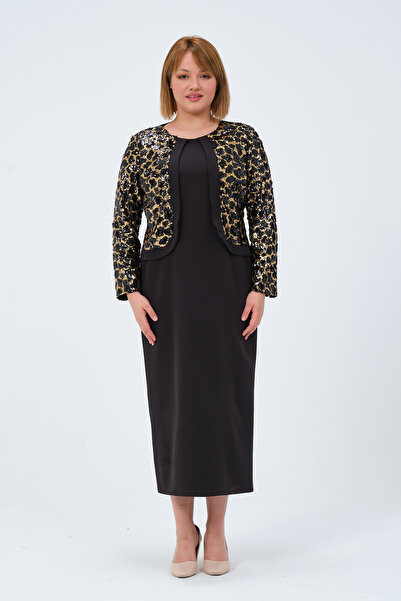 Oktay Uzun Ceketi İthal Siyah-Altın Renk Payetli Büyük Beden Abiye Elbise