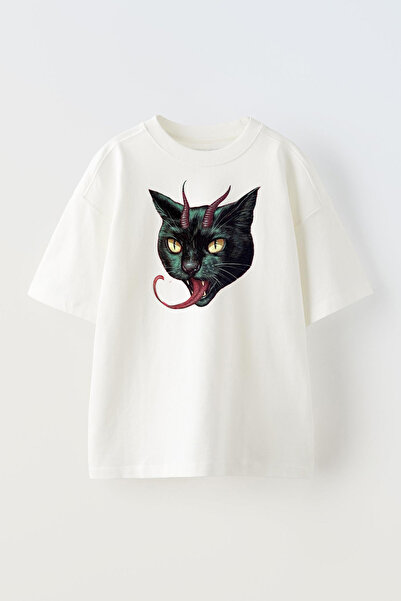 NMG TEKSTİL Λευκό μπλουζάκι Unisex με στάμπα από βαμβακερό διάβολο γάτα