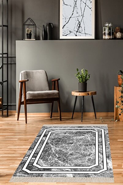 farbala Siyah Mermer Desenli Yıkanabilir Kaymaz Taban Leke Tutmaz Yazlık Ekon...