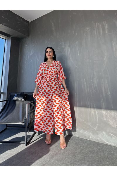 kamacibutik Rochie de vară din viscoză cu modele etnice cu guler dublu - Detaliu cu mânecă liliac și cu fante