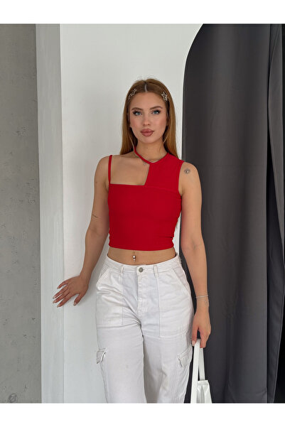 QUTTA Red Asymmetrical Women's Crop Blouse - Ottoman Fabric