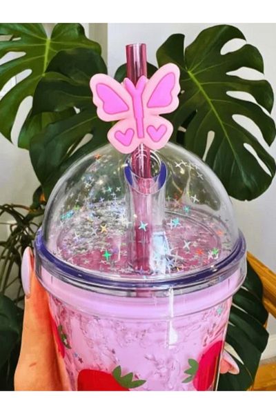 CHANCE GİFT Double Layer Mica Water Bottle with 3D Led Lights - Cocktail Cup with Straw, Special Figure Gift