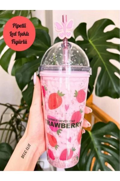 CHANCE GİFT Double Layer Mica Water Bottle with 3D Led Lights - Cocktail Cup with Straw, Special Figure Gift