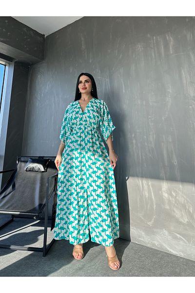 kamacibutik Rochie de vară din viscoză cu modele etnice cu guler dublu - Detaliu cu mânecă liliac și cu fante