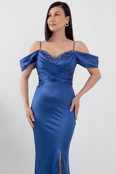 PULLIMM Rochie cu mărgele la piept cu bretele din satin - 39657