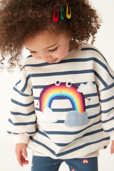 Next Baby Pamuklu Mavi Gökkuşağı Desenli Sweatshirt Alt Üt Takım