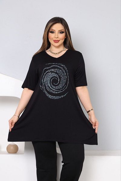 vividbutik Asymmetrical V-Neck Colorful Tunic Blouse with Stone Detail