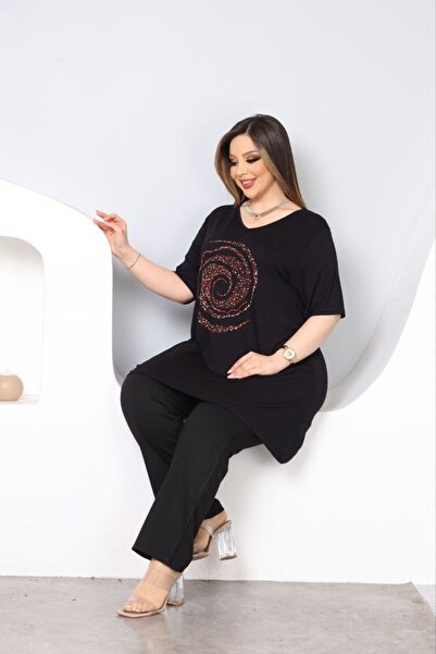 vividbutik Asymmetrical V-Neck Colorful Tunic Blouse with Stone Detail