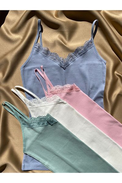 MODALİNOSA Corded V-Neck Lace Women's Undershirt - Set of 4 Cotton and Lycra
