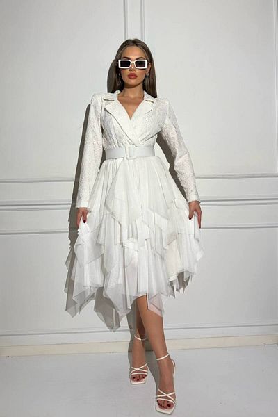 S&A Collectionn Rochie din tul cu mânecă lungă, cu tăieturi asimetrice și dantelă și curea