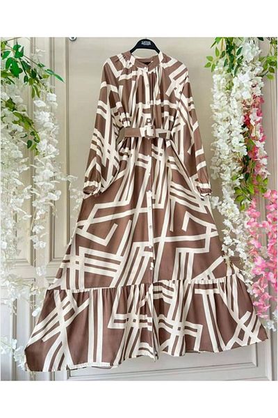 UMS CONCEPT Patterned and Belted Falcon Dress - Buttoned, Model No: 2308-0001