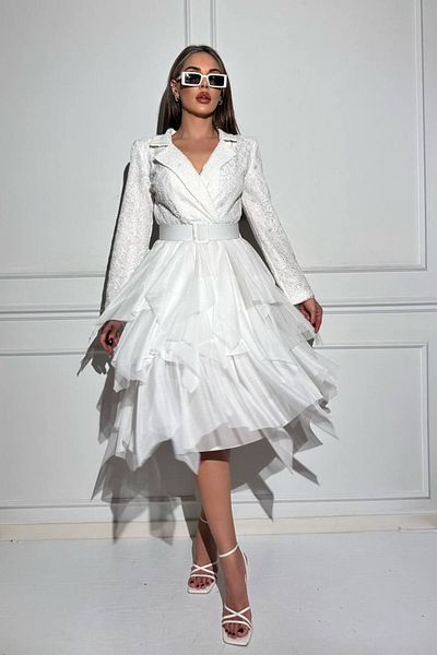 S&A Collectionn Rochie din tul cu mânecă lungă, cu tăieturi asimetrice și dantelă și curea