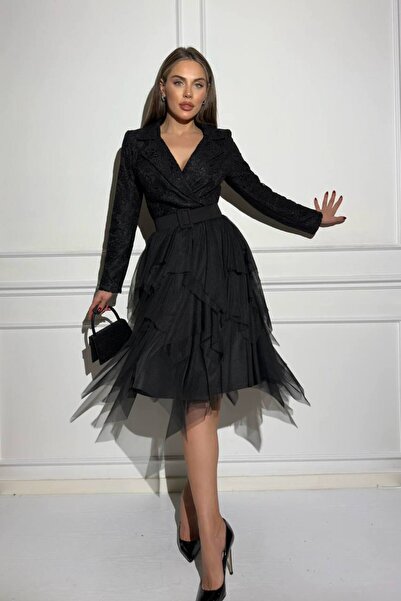 S&A Collectionn Tylové šaty s dlouhým rukávem s asymetrickým střihem a krajkou