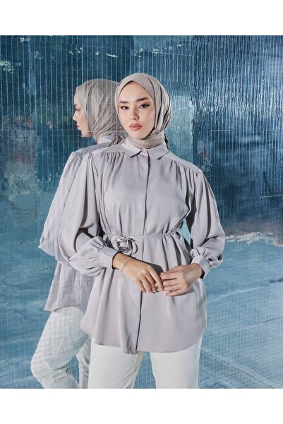 fmnbutik Textura moale din satin - Tunica de camasa supradimensionata cu gule...