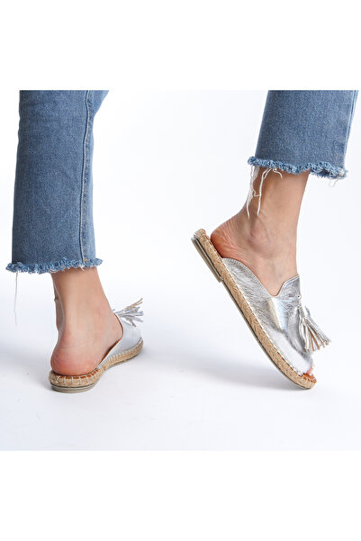 Wildco Γνήσιο δέρμα Γυναικείες Παντόφλες Εσπαντρίλια Στενή Εφαρμογή, Ασημί Δερμάτινες Παντόφλες Εσπαντρίλια, Πλεκτές Εσπαντρίλιες από Γιούτα με Γυαλιστερό Δέρμα