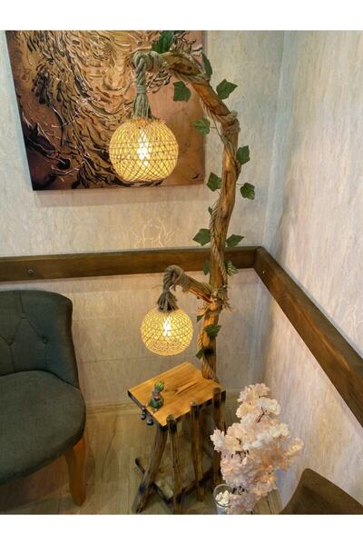 menalART Ağaç Tasarım Ağaç Lambader 165-170 Cm Iki Lambalı Safranbolu Serisi Kitaplık Lambader Doğal Ahşap Köşe Aydınlatma