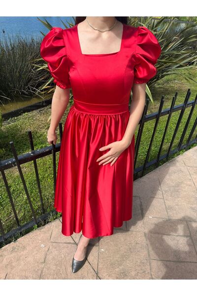 sağlam tasarım Kırmızı Asetat Saten Şık Abiye Elbise