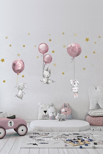 KT Decor Sevimli Balonlu Tavşanlar Ve Yıldızlar Çocuk Odası Duvar Sticker