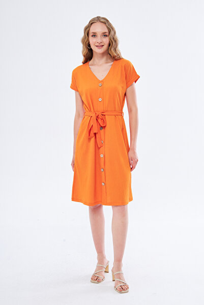 Moda Işık Dark Yellow Buttoned Short Sleeve Dress