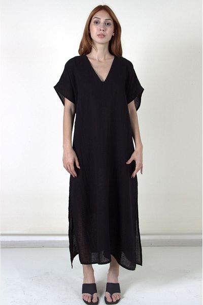 ARİNNASİDE Muslin Women's Summer and Beach Wear V-Neck Mousa Black Dress