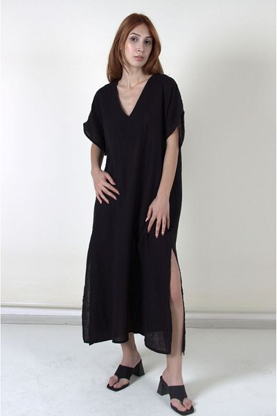 ARİNNASİDE Muslin Women's Summer and Beach Wear V-Neck Mousa Black Dress