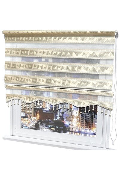 yağmur zebra Krem Renk Sarı Gold Sim Detaylı Boncuklu Zebra Stor Perde