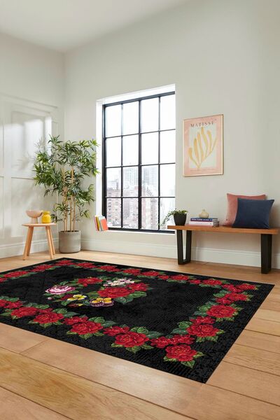 EY HOME Modern Çiçek Desenli Dijital Kaymaz Taban Yıkanabilir Yolluk Mutfak S...