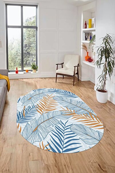 EY HOME Yapraklı Baskılı Kaymaz Taban Yıkanabilir Modern Oval Yolluk Salon Ha...