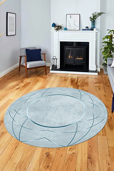 EY HOME Baskılı Kaymaz Yıkanabilir Zarif Modern Yuvarlak Mutfak Halısı Salon Halısı, Y-MODERN-62-MAVİ,