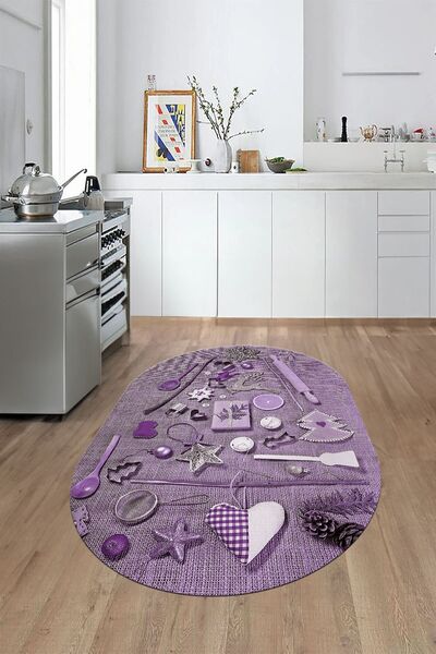 EY HOME 3D Dijital Baskılı Mutfak Eşyaları Motifli Yıkanabilir Oval Yolluk Mu...