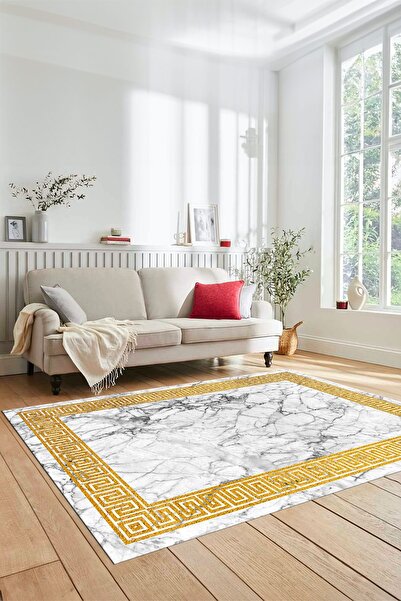 EY HOME Framed Marble Patterned Digital Non-Slip Base Washable Runner Hallway...