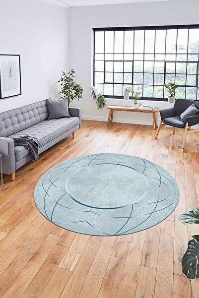 EY HOME Baskılı Kaymaz Yıkanabilir Zarif Modern Yuvarlak Mutfak Halısı Salon Halısı, Y-MODERN-62-MAVİ,