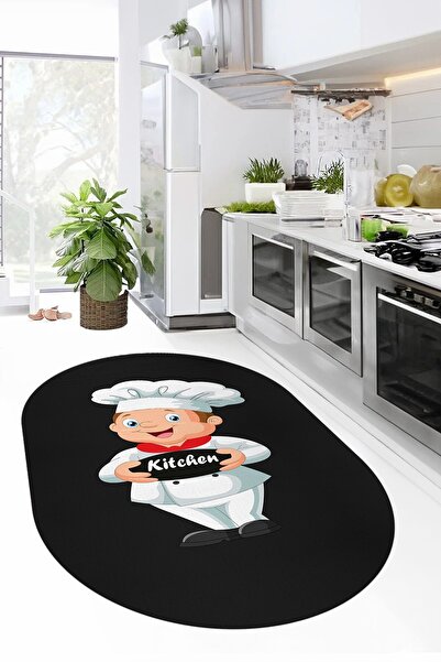 EY HOME Kitchen Yazılı Aşçı Motifli Kaymaz Taban Yıkanabilir Oval Yolluk Mutf...