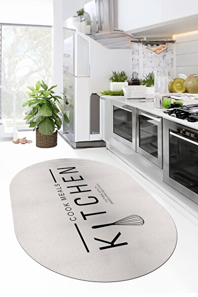 EY HOME Dijital Baskılı Yıkanabilir Kaymaz Taban Kitchen Yazılı Modern Oval Y...