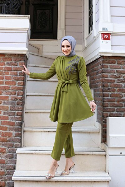 marwella Ulyana Taşlı Takım - Yağ Yeşili