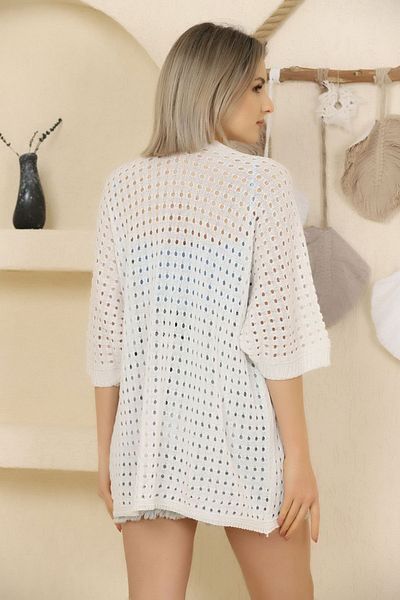 ALCHON U Shawl Collar Half Sleeve Openwork Perforated Summer Midi Length Thin Knitwear Cardigan