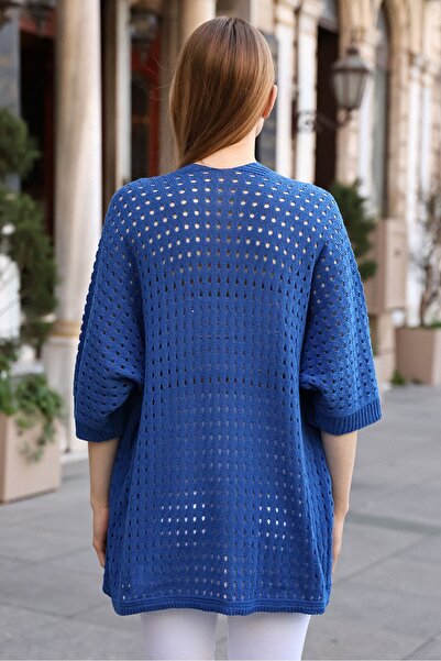 ALCHON Summer Midi Thin Knitwear Cardigan - U Shawl Collar, Half Sleeve, Openwork Hole