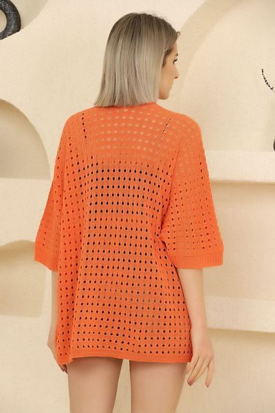 ALCHON Cardigan tricot subțire midi de vară - guler șal U, jumătate de mânecă, gaură ajurata