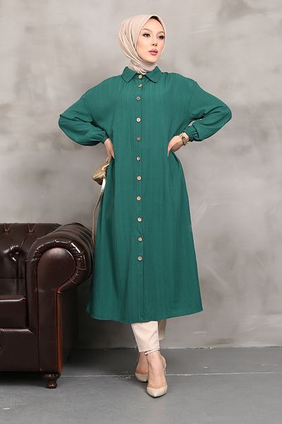 MODAQU Green Long Tunic - Elastic Sleeves and Neck Buttons