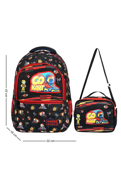 Waddell Rucsac pentru școală primară cu model de broderie din piele Go Kart cu licență pentru băiat și geantă de prânz