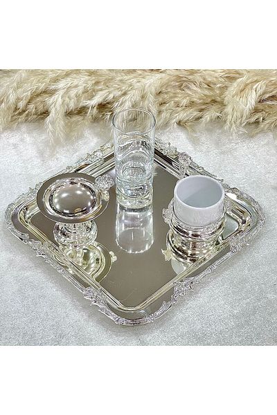 ZÜCACE DEKOR 22CM Square Silver Tray - Groom Brown Colored Bordered Tray