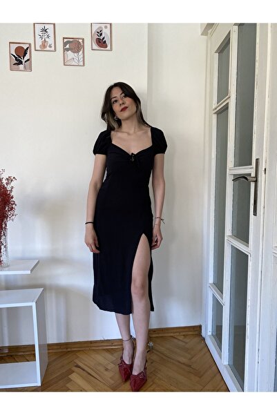 Flossy Design Yırtmaçlı keten karışımlı elbise