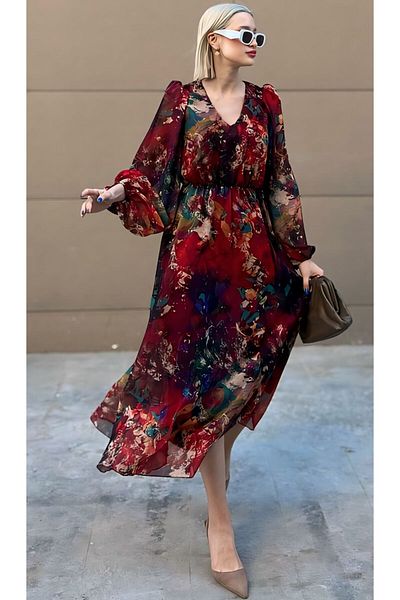 şems fashion Lined Chiffon Fabric - Long Dress with Elastic Waist and Belt