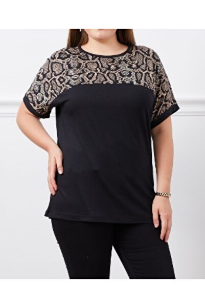 ZY BUTİK Plus Size Black Brown Patterned Crew Neck Blouse with Chest and Sleeve Detail