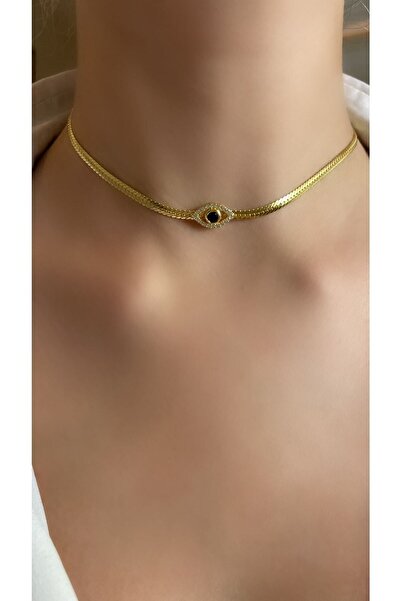 Luna Argento Altın Kaplama Lacivert Göz Yılan Zincir Choker Kolye 925 Ayar Gümüş