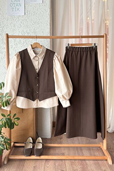 Ceylan Otantik Linen Crop Shirt and Vest Set - Chocolate, Cream Color, Classi...