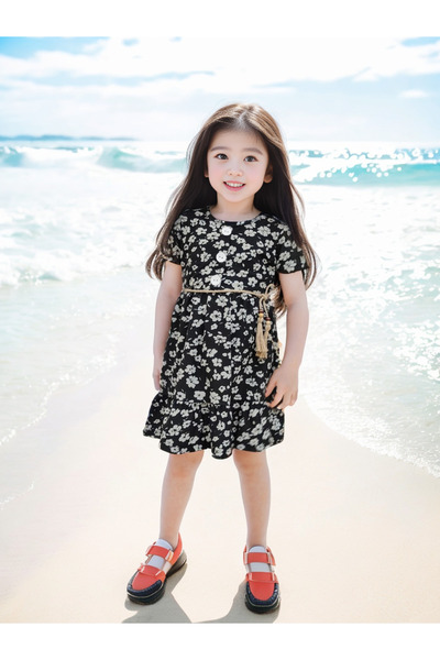 TiniMiny Kİds Flower Patterned Belt Detailed Dress for Girl