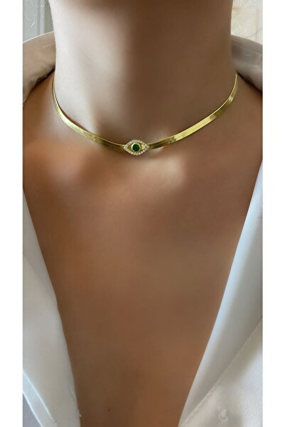 Luna Argento Altın Kaplama Yeşil Göz Italyan Zincir Choker Kolye 925 Ayar Gümüş