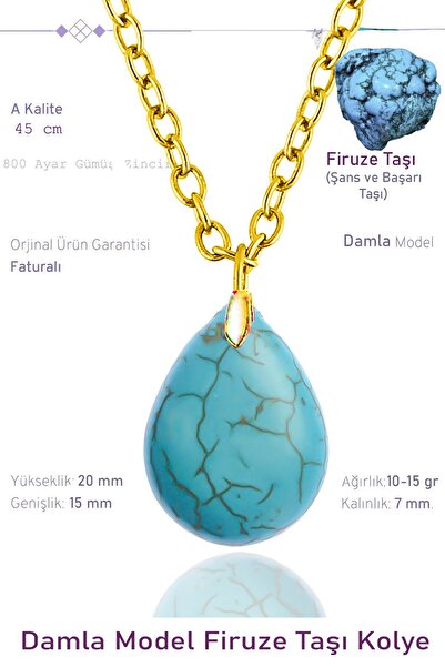 Tesbih Atölyesi Sertifikalı Damla Model Gerçek Firuze Taşı Kolye - 24k Altın ...